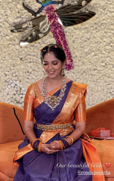 Pellikuthuru Function Outfits, Violet Pattu Saree, Reception Sarees South Indian, Sreemantham Sarees, Violet Blouse, New Fashion Saree, Saree Ideas, Bridal Sarees South Indian, Simple Saree Designs