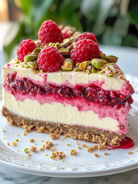 Elegant Pistachio Raspberry Crunch Cheesecake  𝗜𝗻𝗴𝗿𝗲𝗱𝗶𝗲𝗻𝘁𝘀 🍰 For the Crust: 1 1/2 cups graham cracker crumbs 1/4 cup granulated sugar 1/2 cup unsalted butter, melted For the Raspberry Mousse: 1 cup fresh raspberries 1/4 cup granulated sugar 1 tbsp lemon juice 1 cup heavy cream, whipped For the Pistachio Mousse: 1 cup pistachio paste 1/4 cup granulated sugar 1 cup heavy cream, whipped For the Topping: 1 cup white chocolate, melted 1/2 cup fresh raspberries 1/4 cup pistachios, chopped Pistachio White Chocolate Cheesecake, Pistachio Raspberry Cheesecake, Raspberry Pistachio Cheesecake, Raspberry Cakes, Pistachio Mousse, Pistachio Raspberry, Pistachio Paste, Crunch Cheesecake, Cheesecake Ingredients