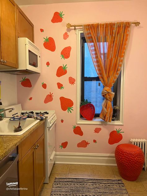 strawberry wall progress! 🍓✨ | Gallery posted by 🍓 CHELSEA 🍓 | Lemon8 Vintage Filters, Another Love, Nursery Ideas, My Kitchen, Green Rug, Kitchen Wall, I Decided, So Excited, Strawberries