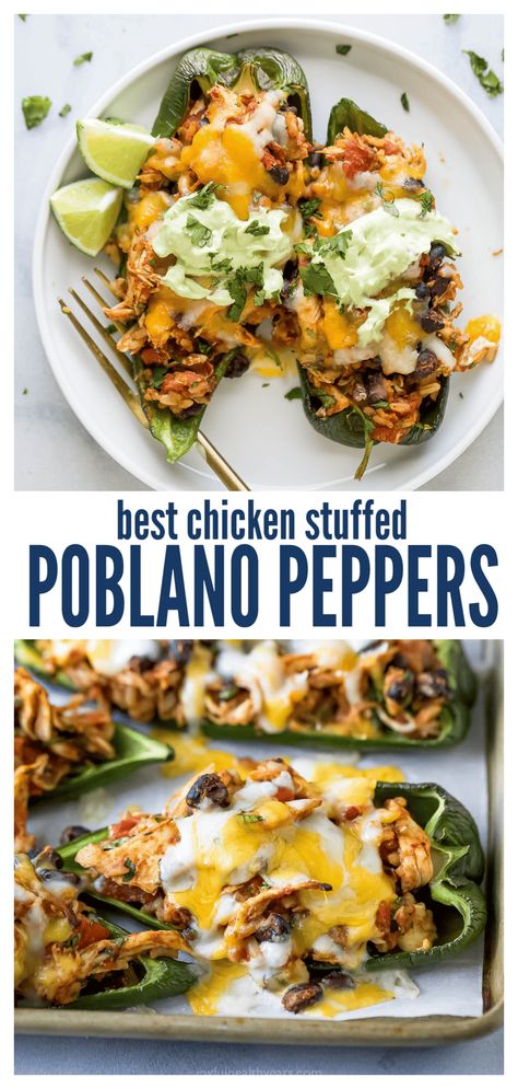 These cheesy, stuffed poblano peppers are packed with a smokey chicken-bean filling that's loaded with flavor and comes together in mintes. Topped with garlicky avocado crema, they'll be your new favorite Tex-Mex recipe for weeknights. #texmexdinner #poblanopepper #stuffedpoblanos #chickenstuffedpeppers #stuffedpeppers #easydinner Stuffed Poblano Peppers Healthy, Chicken Fajita Stuffed Peppers, Things To Make With Peppers, Mexican Chicken Stuffed Peppers, Poblano Stuffed Peppers, Stuffed Pablo Peppers Beef, Poblano Pepper Recipes Chicken, Chicken Poblano Recipes, Chicken Stuffed Peppers Healthy