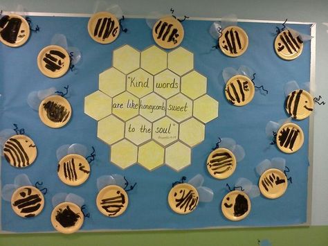 honeycomb bulletin board ideas | Kind words are like honeycomb, sweet to the soul." Proverbs 16:24 The ... Flashcard Ideas, Bee Bulletin Boards, Awana Cubbies, School Age Crafts, Art Bulletin Boards, Insect Unit, Sunday School Decorations, Summer Bulletin Boards, Bullentin Boards