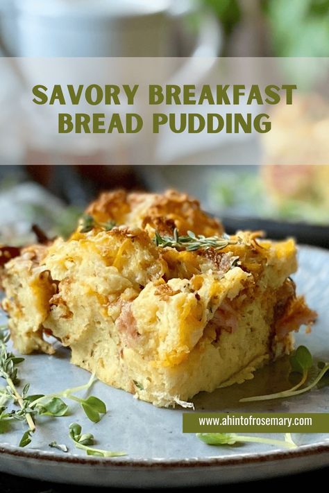 This Savory Breakfast Bread Pudding is a delicious strata that's layered with ham & cheese. Totally customizable. And better yet - it can be prepared the night before. 🌿 A Hint of Rosemary #ahintofrosemary #brunch #makeahead #crowdpleaser #kidfriendly #cheese #cheesy Savory Breakfast Bread, Breakfast Bread Pudding, Savory Bread Pudding, Cheese Strata, Savory Bread Puddings, Savory Bread, Breakfast Bread, Stale Bread, How To Cook Ham