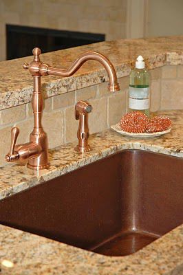 What Faucet Goes with a Copper Sink? | Nomadic Decorator Copper Sink With Brass Faucet, Copper Faucet Kitchen, Fireplace And Tv Placement, Lake House Kitchens, Copper Sink Faucet, Victorian House Kitchen, Copper Kitchen Accents, Sink Hardware, Faucet Finishes