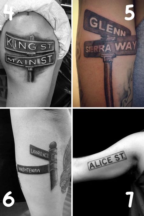 Street Tattoo Designs with a Deeper Meaning - TattooGlee Street Name Tattoo Ideas, Street Sign Tattoo Ideas, Street Name Tattoo, Street Sign Tattoo Design, Street Tattoo Ideas, Street Tattoos For Men, Deep Meaning Tattoos For Men, Highway Tattoo, Street Sign Tattoo