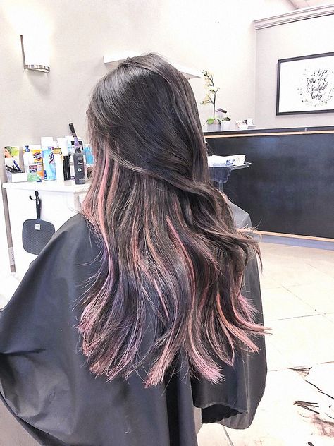 Pink Babylights On Dark Hair, Black Hair Light Pink Highlights, Light Pink Streaks In Black Hair, Dark Brown Hair With Light Pink Highlights, Pink Ends Hair Black, Underside Highlights, Ash Pink Highlights, Subtle Purple Highlights In Brown Hair, Black Hair With Light Pink Highlights