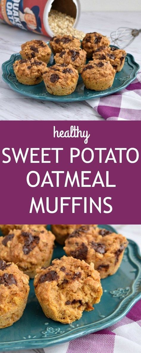 These Sweet Potato Oatmeal Muffins are sure to be a healthy hit with your kids! Made from cooked sweet potato, oats, and whole wheat flour these healthy sweet potato muffins with oatmeal are easy to make! #recipe #muffins #chocolatechips #maplesyrup #healthy #nosugar #toddler Sweet Potato Oatmeal Muffins, Sweet Potato Oats, Muffins With Oatmeal, Macro Desserts, Healthy Sweet Potato Muffins, Sweet Potato Oatmeal, Ftdi Recipes, Morning Snacks, Sweet Potato Muffin Recipe