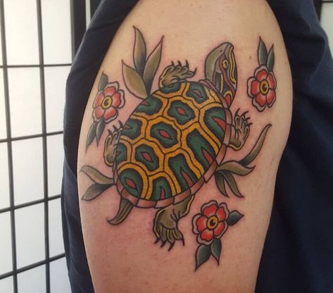 American Traditional Turtle And Flowers Arm Tattoo Old School Turtle Tattoo, Traditional Giraffe Tattoo, American Traditional Turtle Tattoo, American Traditional Turtle, American Traditional Hip Tattoo, Turtle Shell Tattoo, Box Turtle Tattoo, Traditional Turtle Tattoo, Japanese Turtle Tattoo