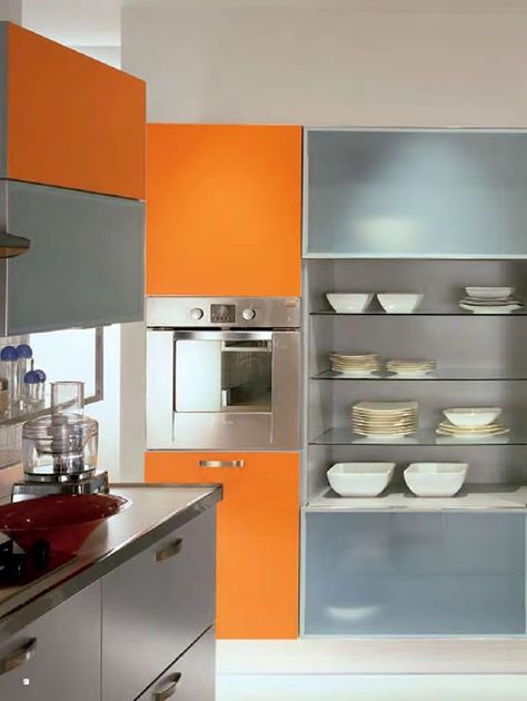 Kitchen Color Orange, Wooden Kitchen Cabinets, Quirky Kitchen, Orange Kitchen, Granite Flooring, Orange Interior, Colors Orange, Wooden Kitchen, Orange Grey