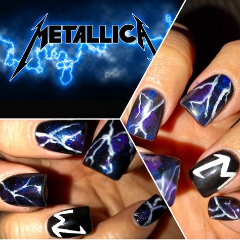 Metallica Nail Art! Nail designs by Renee ❤️ Metallica nails 🤘🏼 Band Acrylic Nails, Metallica Nail Art, Heavy Metal Nail Art, Rock Inspired Nails, Metallica Nails Design, Download Festival Nails, Rock And Roll Nails Design, Def Leppard Nails, Rock Concert Nail Ideas