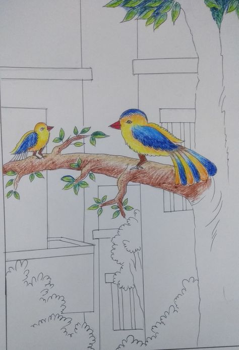 Bird Scenery Drawing, Rama Art, Bird Scenery, Easy Scenery, Art Books For Kids, Scenery Drawing, Pencil Work, Child Art, Plant Hacks