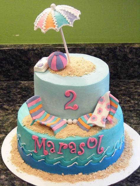 Beach birthday cake with fondant umbrella and beach chairs and ball. Birthday Cake Summer Theme, Beach Birthday Cake Kids, Summer Theme Cake Ideas, Beach Theme Cake For Kids, Fondant Umbrella, Beach Party Cake, Birthday Cake With Fondant, Beach Theme Cake, Beach Birthday Cake