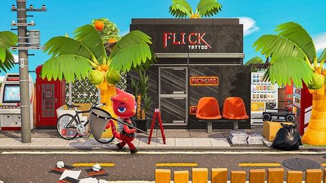 m a r i l y n on Instagram: “Flick decided to diversify his businesses and opened a tattoo shop on Tropikitch I wanted to have customized shop windows so I finished by…” Surf Shop Codes Acnh, Acnh Tattoo Shop, Acnh Nook Cranny Ideas Tropical, Acnh 70s, Acnh Tropical City, Tropikitch Animal Crossing, Tropical Museum Acnh, Acnh Tropikitch, Acnh Tropical Citycore