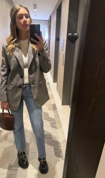 Erin Lichy's Grey Plaid Blazer Wool Blazer Outfit Women, Plaid Blazer Outfit Women, Plaid Blazer Outfit, Oversized Blazer Outfit, Real Housewives Of Potomac, Rock Jeans, Big Blonde Hair, Real Housewives Of New York, Blazer Outfits For Women