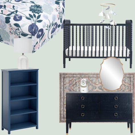 girls nursery floral nursery navy nursery navy dresser navy crib navy bookcase gold mirror felt mobile Navy Baby Girl Nursery, Navy Bookcase, Tan Nursery, Blue Nursery Girl, Navy Crib, Navy Dresser, Girls Nursery Floral, Navy Nursery, Nursery Floral