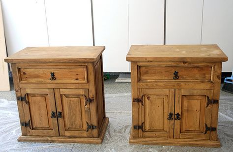 Refinish mexican pine....  Nightstands before they were painted. I am definately going to do this to our queen set when we move. Im thinking antique white. Pine Furniture Makeover, Rustic Mexican Furniture, Mexican Pine Furniture, Rustic Pine Furniture, Pine Nightstand, Pine Bedroom, Pine Bedroom Furniture, Rustic Bedroom Furniture, Mexican Furniture