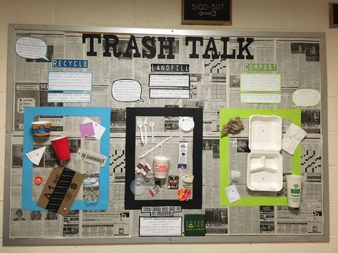 Sustainability/Waste sorting bulletin board @ UMD Sustainability Board Ideas, Warehouse Bulletin Board Ideas, Sustainability Bulletin Board Ra, Recycling Bulletin Boards, Recycle Bulletin Board Ideas, Sustainability Bulletin Board, Dorm Bulletin Boards, Preschool Jobs, School Counseling Bulletin Boards