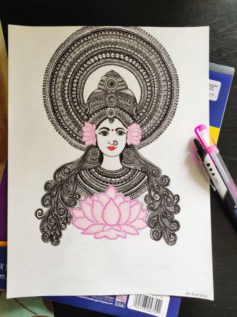 mandal art of Godess Lakshmi Laxmi Sketch, Lakshmi Drawing Easy, Godess Laxmi Drawing, Laxmi Drawing, Lakshmi Line Art, Lakshmi Devi Mandala Art, Godess Laxmi, Awesome Drawing Ideas, Drawing Ideas Creative