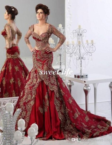 Traditional Crop Top Two Pieces Wedding Dresses Mermaid Sweetheart 2016 Indian Jajja-Couture Burgundy Bridal Evening Gowns with Sleeves Lace Online with $164.93/Piece on Sweet-life's Store | DHgate.com Women In Red, Baju Kahwin, Wedding Dresses Mermaid Sweetheart, Saree Bollywood, Long Sleeve Wedding Gowns, Mermaid Prom Dresses Lace, Two Piece Wedding Dress, Wedding Gowns With Sleeves, Red Wedding Dresses