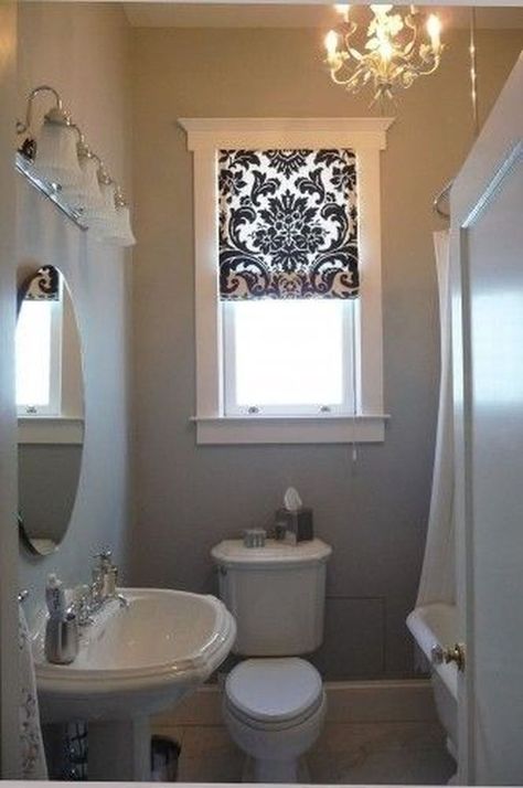 Small Bathroom Window Treatments, Bathroom Window Coverings, Small Bathroom Window, Clever Closet, Bathroom Window Curtains, Gray And White Bathroom, Bathroom Window Treatments, Gray Bathroom Decor, Small Window Curtains