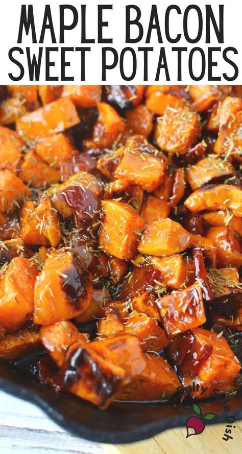 Maple Bacon Sweet Potatoes Recipe - While sweet potato side dish recipes are most common in fall, these maple bacon sweet potatoes with bits of salty bacon are worth a second glance year-round. Using freshly roasted chunks of sweet potatoes that are skillet bound and glazed in maple syrup, these soft, tender potatoes are more savory than overly sweet. #sweetpotatoes #sidedish @SaltySideDish Bacon Thanksgiving Recipes, Sweet Potato Side Dish Recipes, Bacon Potato Salad Recipe, Maple Glazed Sweet Potatoes, Potato Side Dish Recipes, Savory Sweet Potato Recipes, Savory Sweet Potato, Sweet Potato Bacon, Sweet Potato Side Dish