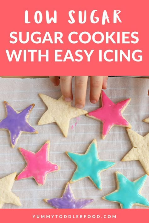 With just a few simple ingredients and a super easy process, you can make Healthy Sugar Cookies with great taste and texture and a LOT less sugar! #healthycookies #toddlerfood #holidaycookies #bakingwithkids #cookiesforkids #healthysugarcookies Toddler Cookies, Toddler Recipe, Healthy Sugar Cookies, Easy Icing, Kids Recipe, Sugar Cookie Icing, Toddler Recipes, Easy Sugar Cookies, Healthy Sugar