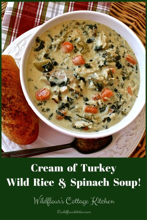 Cream Of Turkey, Spinach Soup Healthy, Turkey Wild Rice Soup, Turkey Rice Soup, Spinach Soup Recipe, Wild Rice Soup Recipes, Cooking Wild Rice, Rice Soup Recipes, Spinach Soup