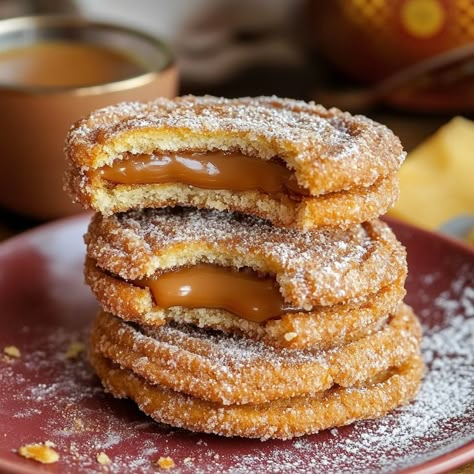 If you love the warm, cinnamon-sugar goodness of churros and the gooey decadence of caramel, then these Churro Cookies Filled with Caramel are going to steal your heart. Imagine a Cinnamon Sugar Churro Cookies, Churro Flavored Desserts, Boozy Cookies, Churros Cookies, Filled Churros, Churro Cookies, Buttery Cookie, Apple Crisp Cheesecake, Churro Bites