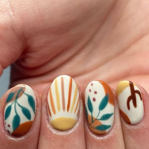 Boho Fall Nails 2023, Mountain Nails Simple, Fun September Nails, National Park Nails, Hazel Nails, Western Themed Nails, Fall Western Nails, Desert Nails, September Vibes