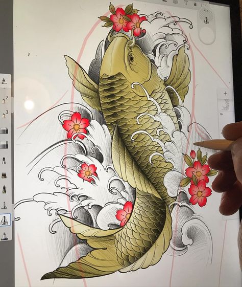 Koi Fish Tattoo, All Tattoos, Koi Fish, Great Wave, Fish Tattoos, Koi, Cherry Blossom, Tattoo Designs, Blossom