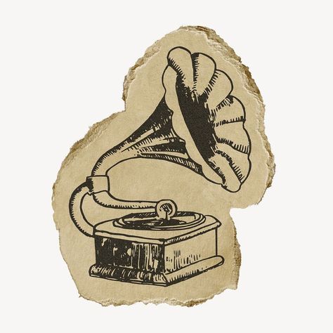 Gramophone drawing, ripped paper ephemera collage element psd | free image by rawpixel.com / Nunny Gramophone Sketch, Random Items To Draw, Gramophone Aesthetic, Gramophone Drawing, Music Paper Crafts, Gramophone Illustration, Ephemera Collage, Ripped Paper, Music Paper