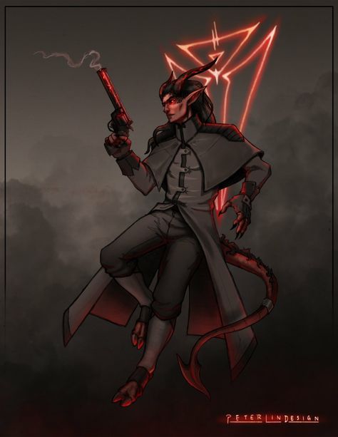 Tiefling Gunslinger, Winged Tiefling, Male Tiefling, Dnd Tiefling, D&d Online, Noir Art, Character Artwork, Rpg Characters, Male Character