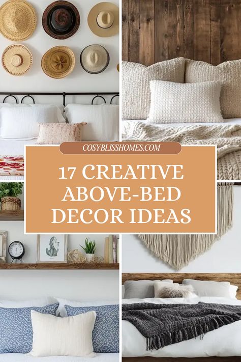 Transform your bedroom into a personalized escape with these 17 creative above-bed decor ideas! From a cozy fabric canopy to stylish DIY headboards, there's something for everyone. Get inspired by unique hat collections, stylish macrame tapestries, and oversized art pieces that bring your walls to life. Don't let that blank space be mundane; decorate above your bed in a way that reflects your personality. Dive into these fun, easy-to-implement ideas and make your bedroom uniquely yours today! Decor Above Tall Headboard, Garland On Bed Headboard, Artwork Behind Bed, Over The Bed Art Ideas, Diy Over The Bed Wall Decor, Art For Over The Bed, Art Over King Bed, Above Headboard Decor Ideas, Wall Above Bed Ideas