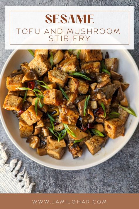 Sesame mushroom and tofu stir fry is an easy meal ready in 30 minutes! The crispy tofu stir fries with mushrooms in a homemade sesame sauce. Tempeh Mushroom Recipes, Stir Fry Mushrooms, Mushroom And Tofu Recipes, Mushroom Tofu Recipe, Tofu And Mushroom Recipe, Vegan Stir Fry Recipe, Tofu Mushroom Recipe, Shiitake Recipes, Tofu Stir Fry Recipe