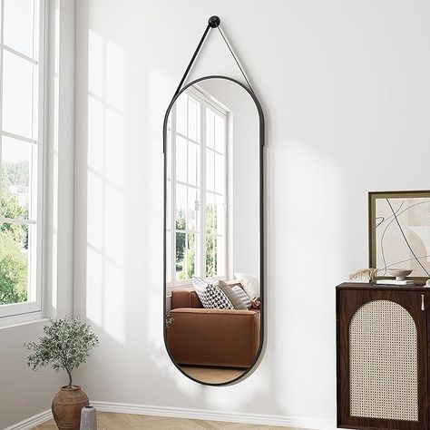 Amazon.com: ZMYCZ Full Length Mirror, Oval Wall Mounted Mirror, 48"x16" Door Mirror Full Length with Hanging Leather Strap, Wall Mirror Full Length with Aluminum Frame for Bathroom Living Room Entryway (Black) : Home & Kitchen Mid Century Full Length Mirror, Full Length Mirror In Bathroom Ideas, Full Length Mirror Entryway Ideas, Unique Full Length Mirror, Full Length Mirror Entryway, Long Length Mirror, Bungalow Airbnb, Hallway Mirror Ideas, Door Hanging Mirror