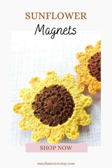 Brighten up your day, every day, with our handcrafted crochet sunflower magnet! 🌻🧲 They're not just fridge magnets, they're a pinch of happiness that holds your memorable notes in place. Get yours now and let the sunshine in! #CrochetArt #SunflowerLove#fridgemagnets #handmadefridgemagnets #cutehandmadefridgemagnets #cutehandmadefridgemagnetsdecor #fridgemagnetdisplay #fridgemagnetsaesthetic #traditional #fridgedecormagnets #fridgedoordecormagnets Crochet Fridge Magnets Free Pattern, Crochet Magnets Free Pattern, Crochet Fridge Magnets, Crochet Magnets, Crochet Fridge, Ringgold Georgia, Easy Crochet Flower, Flower Projects, Crochet Scarf Pattern Free