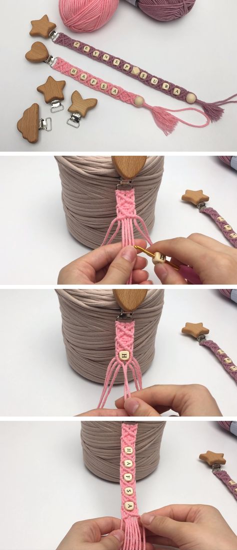 DIY Crochet Pacifier Clip Pacifier Clip Diy Sewing, Wooden Bead Pacifier Clip Diy, Macrame Pacifier Clip Tutorial, Braided Pacifier Clip Diy, Diy Macrame Pacifier Clip Tutorial, Paci Clips Diy, Macrame Binky Clip Diy, Diy Binky Clip, Diy Pacifier Clip Tutorial