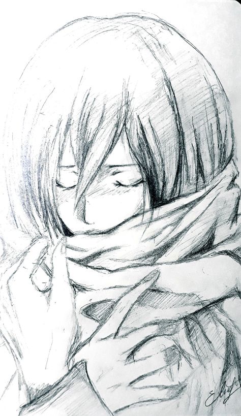 Aot Anime Drawings, Mikasa Ackerman Drawing Pencil, Mikasa Pencil Sketch, Mikasa Ackerman Sketch, Mikasa Ackerman Drawing, Mikasa Sketch, Mikasa Drawing, Scarf Drawing, Realistic Hair Drawing