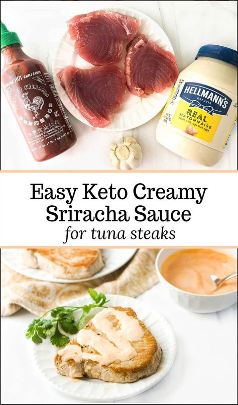 This keto creamy sriracha sauce goes great with meaty fresh tuna steaks. It's a simple recipe but packed with flavor. With only 4 ingredients you can make this low carb high protein dinner in 15 minutes! And you will want to use the creamy sriracha sauce with everything and there is only 0.4g net carbs in 1 tablespoon! Tuna Steak Dipping Sauce, Dipping Sauce For Tuna Steak, Sauce For Tuna Steak, Ahi Tuna Sauce, Creamy Sriracha Sauce, Tuna Sauce, Keto Sauce, Sauce For Fish, Siracha Sauce