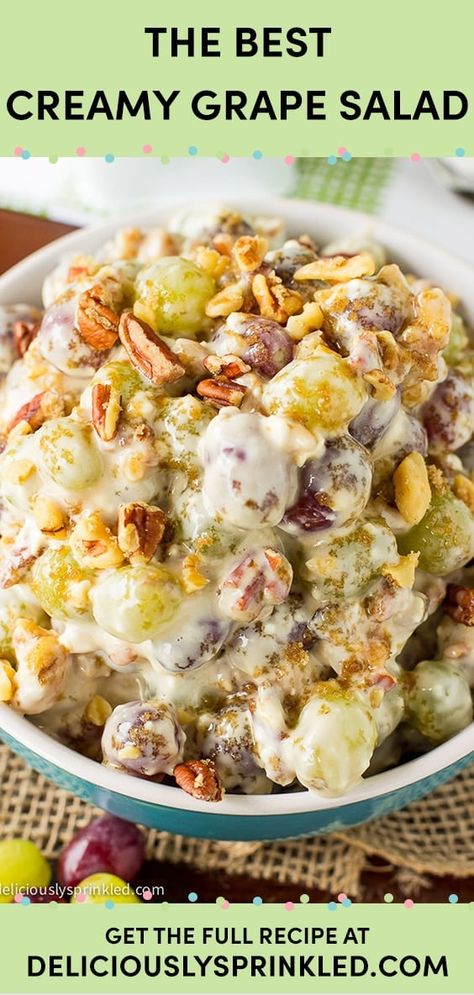 Creamy Grape Salad Easy Grape Salad, Creamy Grape Salad, Salad Board, Grape Salad Recipe, Simple Salads, Jello Salads, Dreamy Desserts, Pecan Topping, Crock Pots