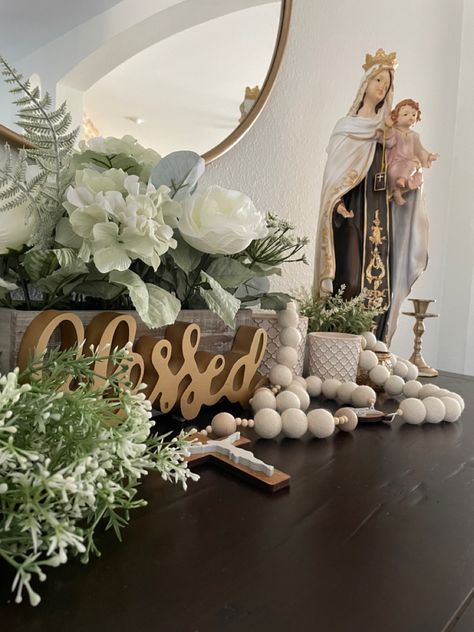 Wall Rosary Decor, Rosary Holder Wall Diy, Rosary Wall Decor, Virgen Mary Altar At Home, Catholic House Decor, Catholic Decor Home Ideas, Catholic Home Altar Ideas, Catholic Altar Home Ideas, Wall Altar Ideas Catholic