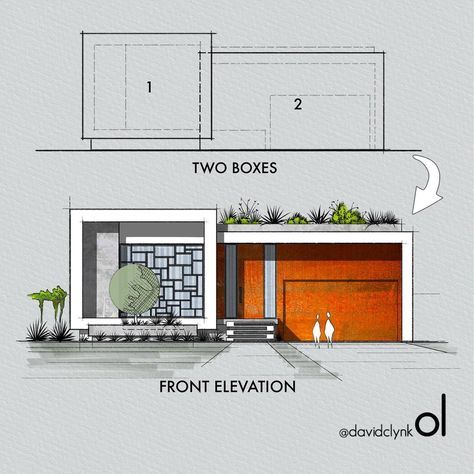 design•illustration•tutorials on Instagram: “2 Box Modern Elevation Materials: Concrete + Core-ten steel . Don’t forget to save for inspiration later! . . . . .…” Elevation Design Drawing, Box House Design, Modern Elevation, Concept Models Architecture, Architecture Elevation, Project Presentation, Interior Design Sketches, Architecture Design Drawing, Architect Design House