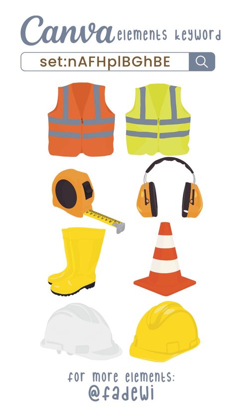 contruction clipart elements on Canva. Find hard hat, safety vest, traffic cone, hearing protection, safety boots, measuring tape Elements On Canva, Construction Clipart, Safety Infographic, Safety Pictures, Thank U Cards, Eid Al Adha Greetings, Construction Hat, Community Helpers Theme, Keyword Elements Canva