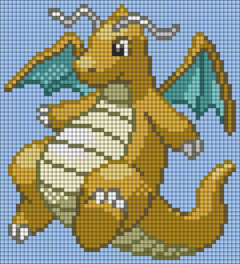 Crochet Dragonite, Pokemon Alpha Pattern, Pokemon Dragonite, Minecraft Pokemon, Pokemon Chart, Pixelated Art, C2c Patterns, Dragon Flying, Pokemon Perler