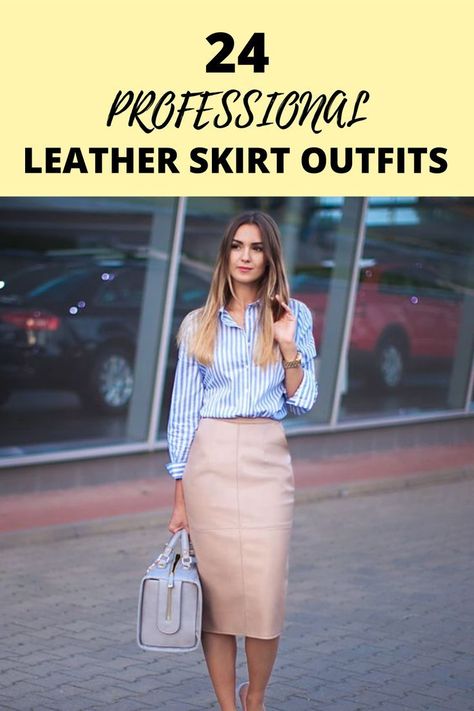 [CommissionsEarned] This Soft Beige Midi Leather Pencil Leather Skirt And Shirt Outfit Proves That Leather Can Look Classy And Professional To Wear To The Office. Click For 11 Work Looks With A Leather Skirt. #midipencilskirtoutfit Leather Skirt Outfit Work, Cream Leather Skirt Outfit, Beige Leather Skirt Outfit, Style A Leather Skirt, Midi Pencil Skirt Outfit, Leather Skirt Outfits, Pencil Leather Skirt, Leather Pencil Skirt Outfit, Midi Skirt Outfit Winter