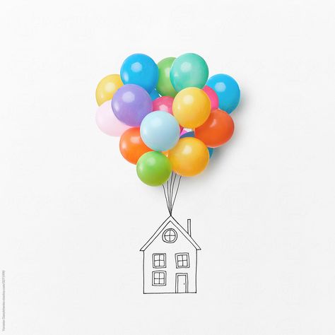 Bunch of colorful air balloons holding drawing house on a white background with space for text. Flying house. House With Balloons Drawing, Flying House Drawing, Balloon House Drawing, Holding Drawing, Drawing Of A House, How To Draw Balloons, Flying House, Balloon House, Flying Balloon