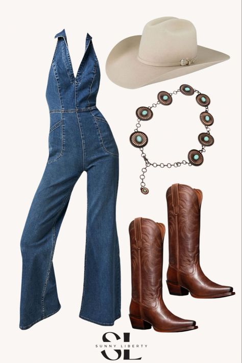 Denim Jumpsuit Cowboy Boots, Country Jumpsuit Outfit, Western Trap Outfit, Jumpsuit Cowboy Boots, Cowboy Denim Outfit, Denim Jumpsuit With Boots, Cowgirl Jumpsuit Outfit, Cowgirl Boho Outfits, Jumpsuit Western Outfit