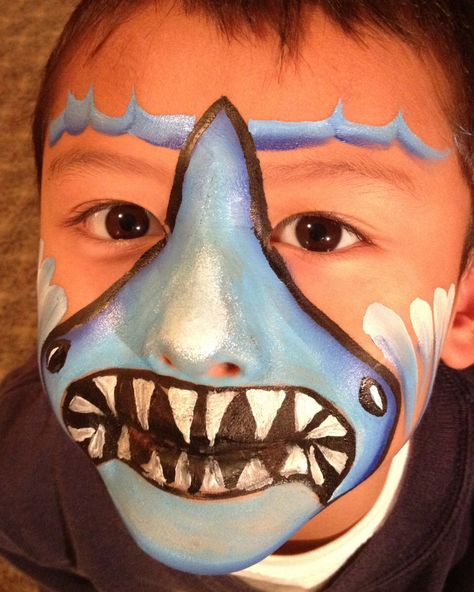 Shark Shark Face Paint, Shark Makeup, 1960s Halloween, Face Painting For Boys, Sea Dolphin, Shark Tail, Shark Craft, Cheek Art, Face Painting Easy