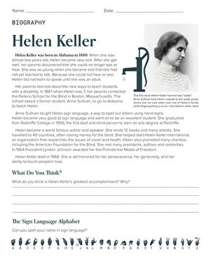 Helen Keller Biography | Worksheet | Education.com Helen Keller Costume, Helen Keller Activities, Helen Keller Biography, Elementary Writing, Text Evidence, Wax Museum, Helen Keller, Reading Worksheets, 3rd Grade