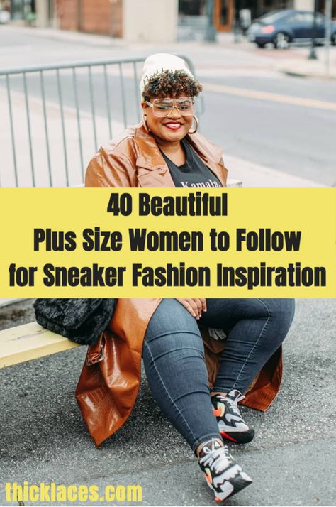 If you're looking for streetwear and sneaker fashion inspiration, you'll find 40 plus size women to follow in this post. These women can dress sneakers up or down with ease and will inspire your next outfit this Spring and Summer! Sneaker Outfit Plus Size, Plus Size High Tops, Bulky Tennis Shoes Outfit, Plus Size High Top Sneaker Outfits, Sneaker Plus Size Outfit, Plus Size Outfits With Tennis Shoes, Curvy Streetwear Outfits, Plus Size Casual Work Outfits With Sneakers, Plus Size New Balance Outfit