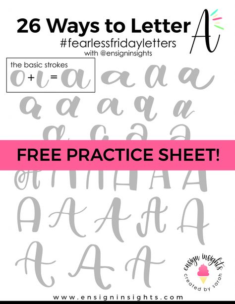 How to Hand Letter A in 10 Ways: Lettering Worksheet | Ensign Insights Free Lettering Worksheets, Letter Practice Sheets, Brush Lettering Tutorial, Alphabet Designs, Learn Hand Lettering, Free Calligraphy Fonts, Unique Lettering, Brush Pen Lettering, Hand Lettering Styles